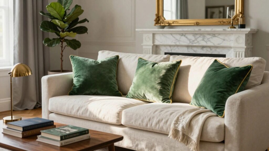 20 Green Velvet Sofa Pillow Ideas for Classic Luxe White slipcovered sofa with multiple green velvet pillows trimmed in yellow, green throw blanket, wooden coffee table holding books, marble fireplace, fiddle leaf fig plant, gold-framed mirror, and gray walls with window and gray curtains.
