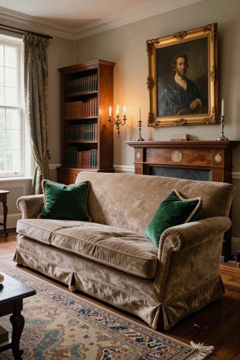 Beige velvet sofa with two green velvet pillows in a traditional interior room that includes wooden bookshelves, a fireplace mantel, candelabras, and a large framed portrait painting on the wall.