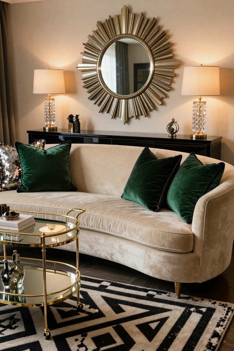 Curved cream velvet sofa with multiple green velvet pillows, gold bar cart in front, large gold sunburst mirror on wall with lamps on side table and black console nearby, black and white patterned rug on floor.
