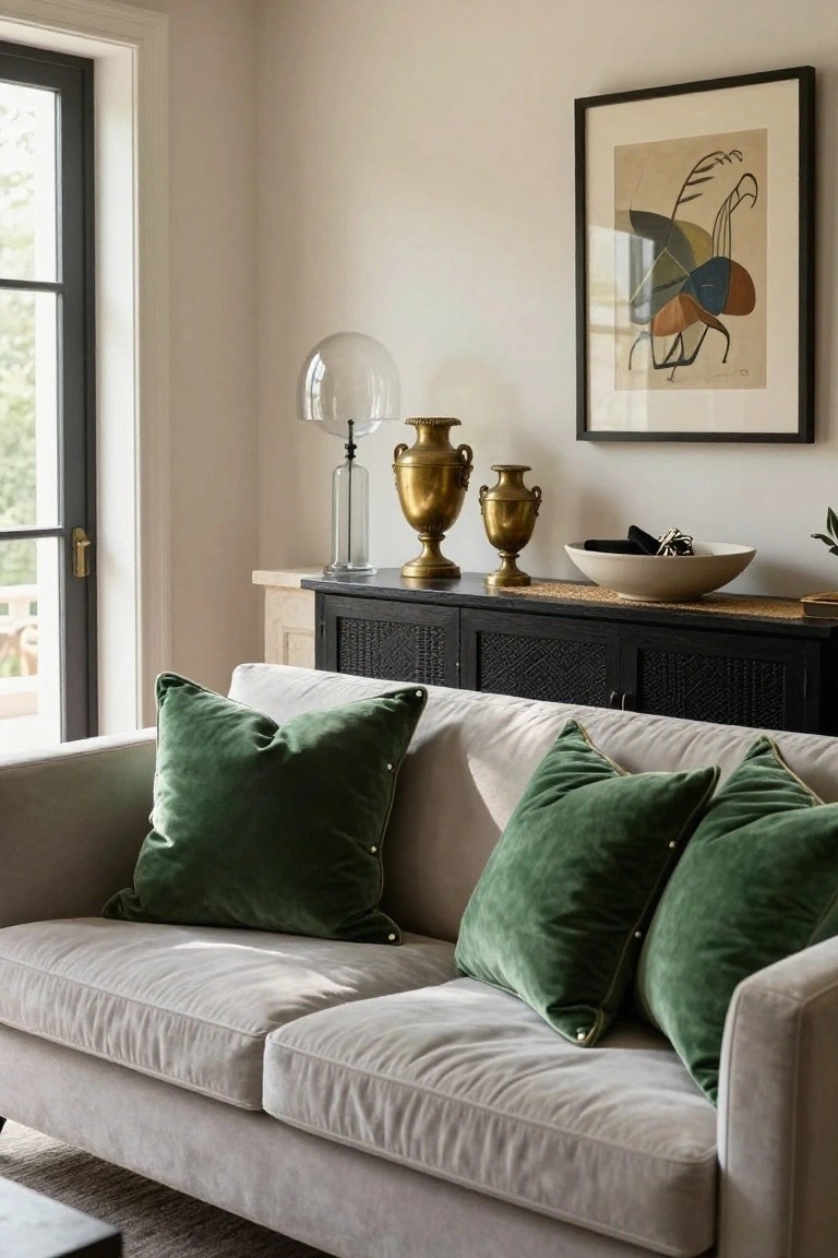 Light gray sofa with several large green velvet pillows in a living room that includes a black credenza holding brass urns, a glass lamp, and a white bowl, plus an abstract artwork on the wall by French doors.