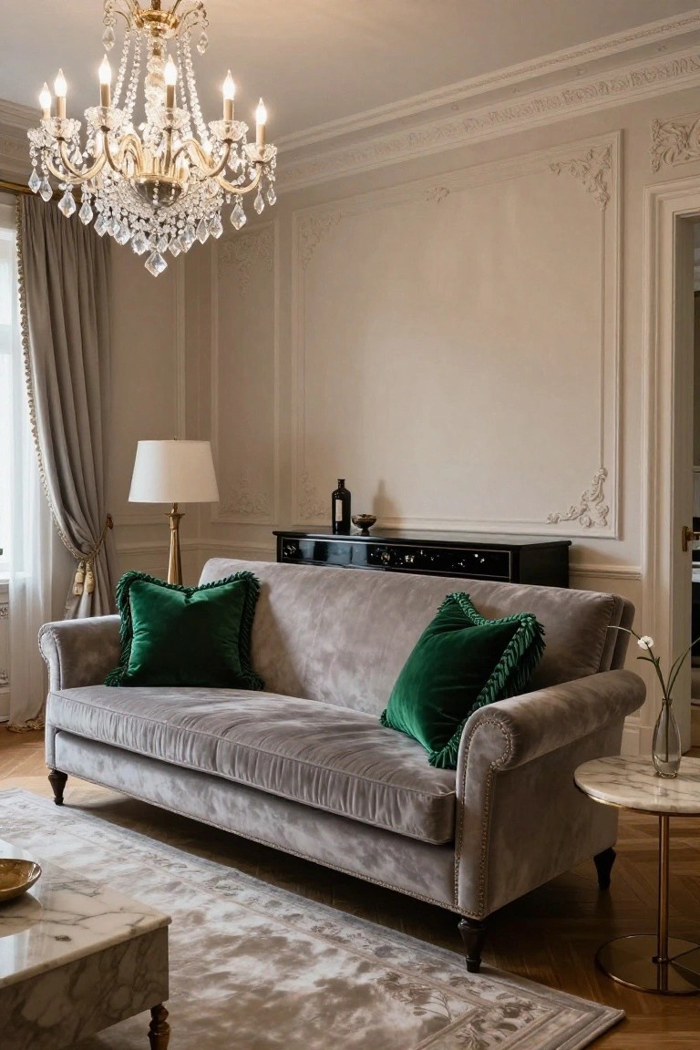 Gray velvet sofa with large green velvet pillows in a beige paneled living room, crystal chandelier overhead, floor lamp, black sideboard, marble coffee table, and side table with vase on hardwood floor.
