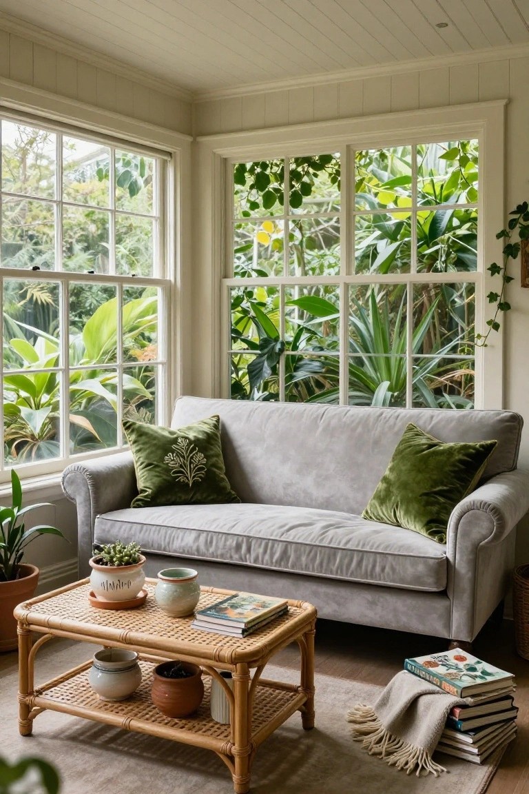 Light gray velvet sofa with two green velvet pillows featuring leaf embroidery, facing large windows with views of tropical plants, rattan coffee table holding pottery, books, and a throw blanket on beige rug in a white-paneled room.