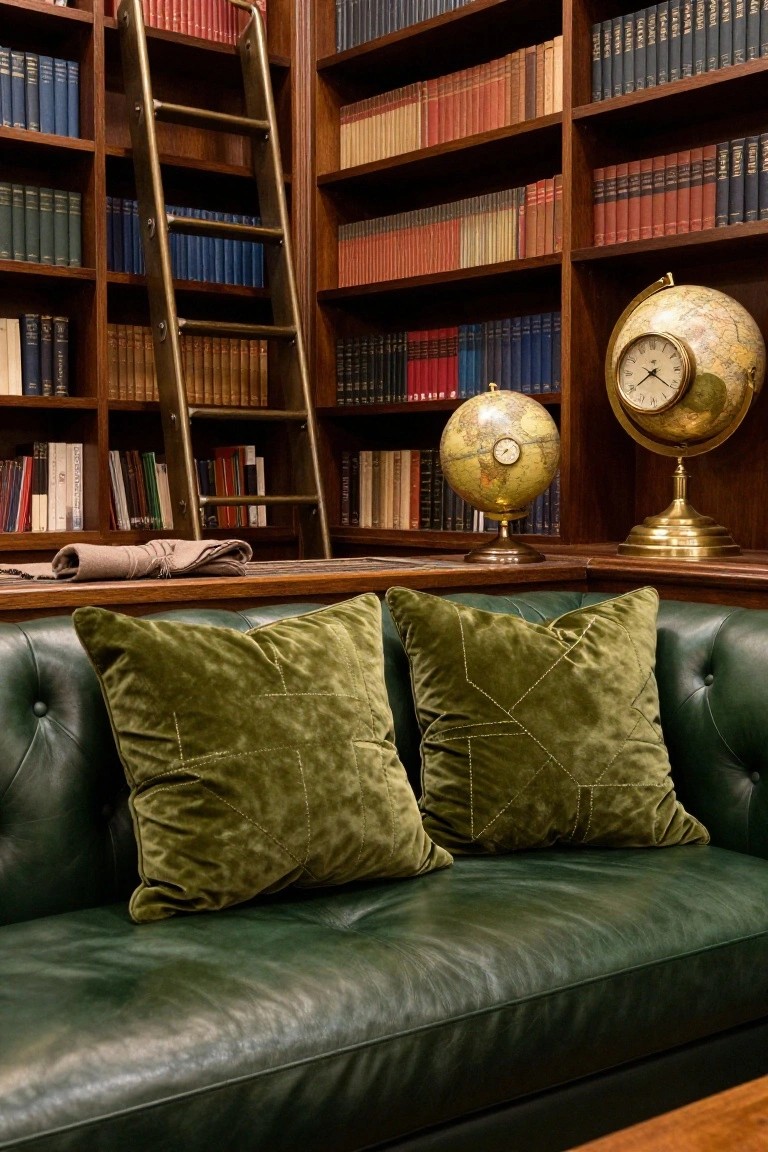 Green leather couch with olive velvet pillows before wooden bookshelves and globes.