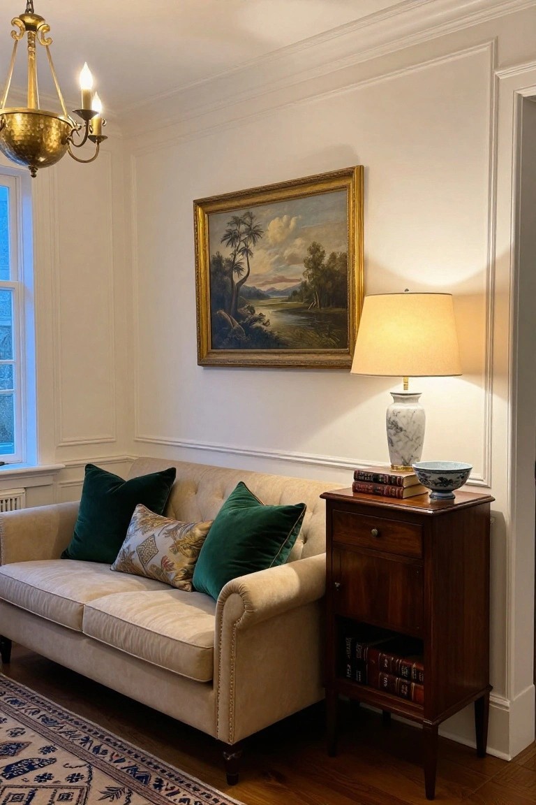 Cream tufted loveseat with green velvet pillows and a patterned lumbar cushion next to a wooden side table holding a white lamp, blue bowl, and stacked books in a white room with brass chandelier, gold-framed landscape painting, and oriental rug.