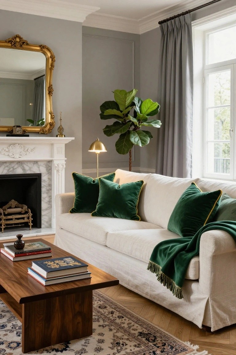 White slipcovered sofa with multiple green velvet pillows trimmed in yellow, green throw blanket, wooden coffee table holding books, marble fireplace, fiddle leaf fig plant, gold-framed mirror, and gray walls with window and gray curtains.