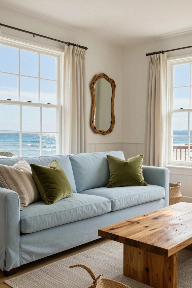 Light blue linen sofa with multiple green velvet pillows and cream pillows in a corner living room featuring large windows with sheer curtains overlooking the ocean, a driftwood mirror on the wall, wooden coffee table, seagrass rug, and woven basket.