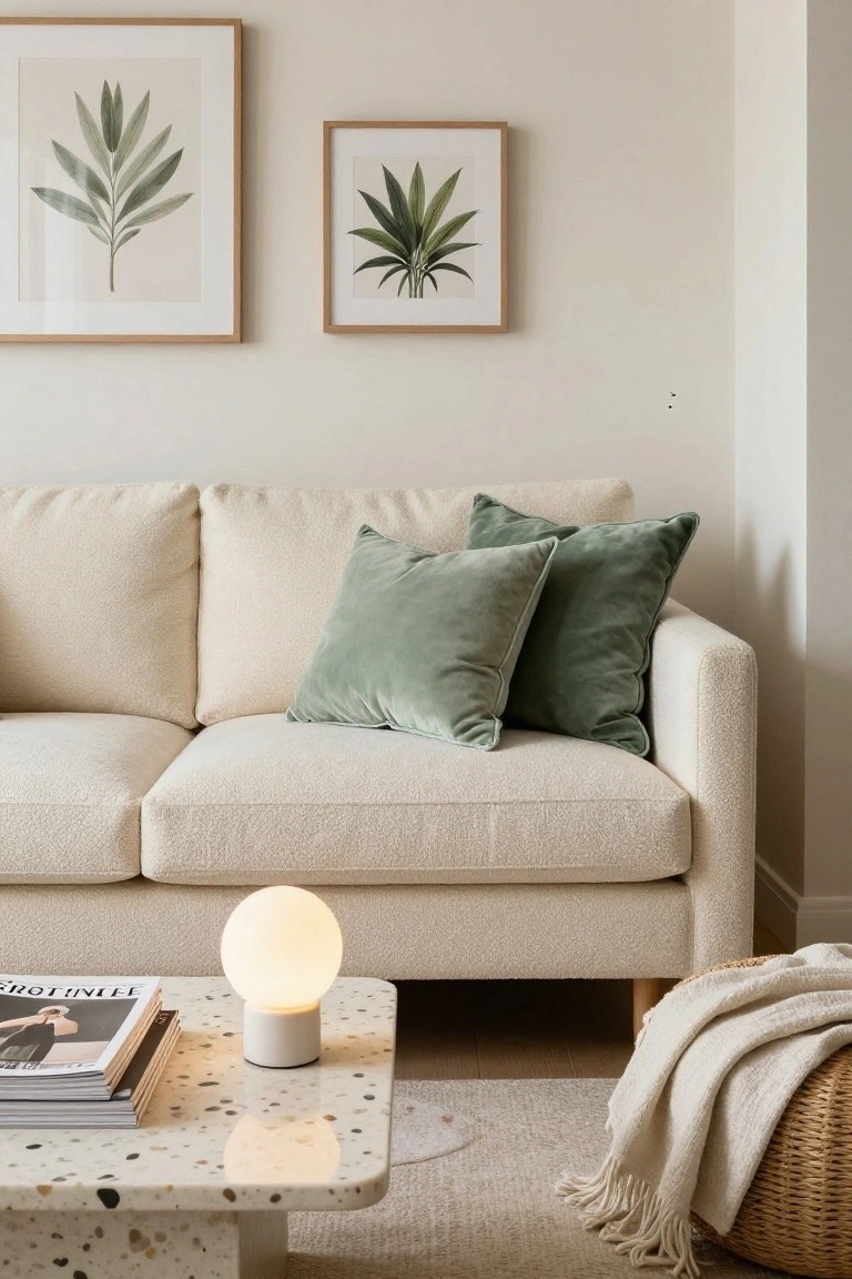 Cream bouclé two-seater sofa with four green velvet pillows, two botanical leaf prints in oak frames on a beige wall, terrazzo coffee table with white globe lamp and stacked magazines, white throw in woven basket on wood floor.
