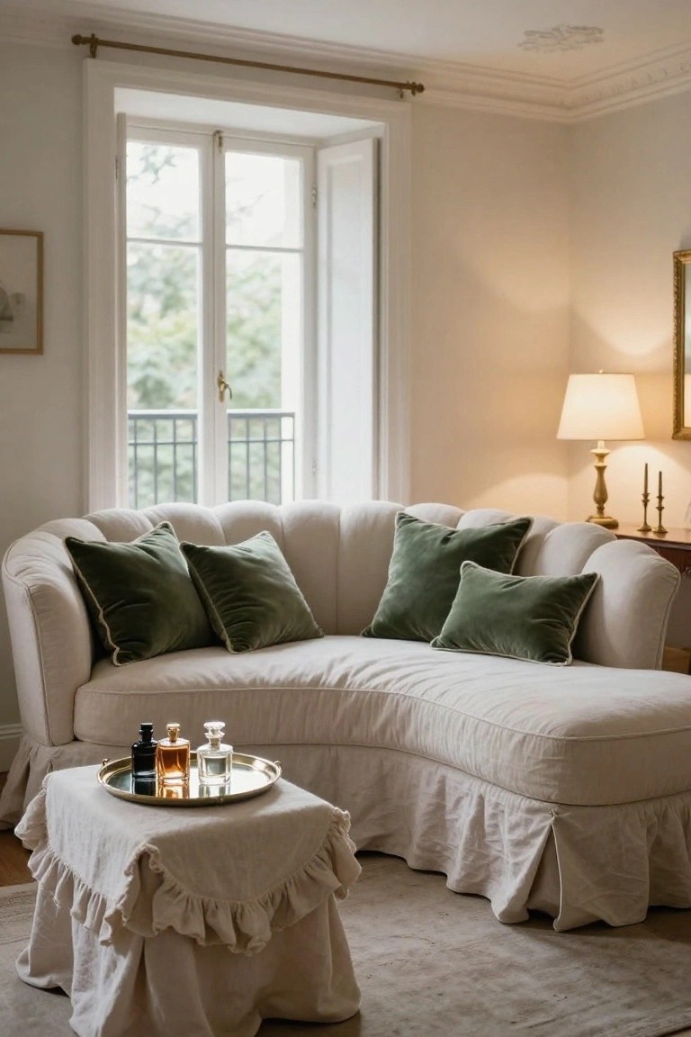 Cream-colored curved sofa with multiple green velvet pillows, beside a white-skirted table holding perfume bottles on a tray, in a white room with large open windows and a lamp.