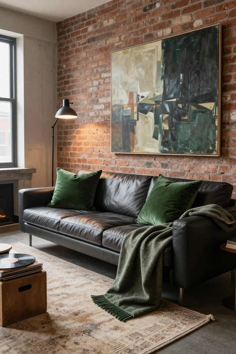 A living room featuring a black leather sofa with multiple green velvet pillows, a green throw blanket draped over the arm, exposed brick walls, an abstract painting, a floor lamp, and a wooden stool with vinyl records beside a beige rug.