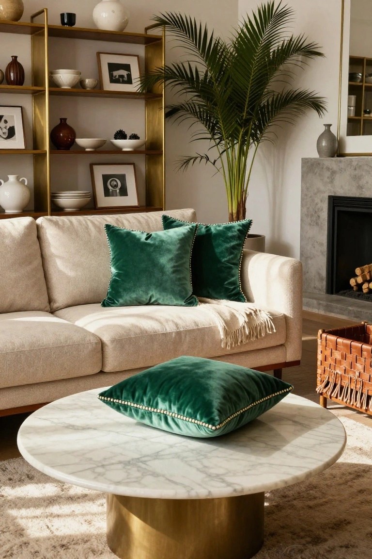 Cream linen sofa with multiple green velvet pillows in a sunlit living room, gold metal shelving stocked with ceramics and art, marble-topped brass coffee table, potted palm plant, and stone fireplace.