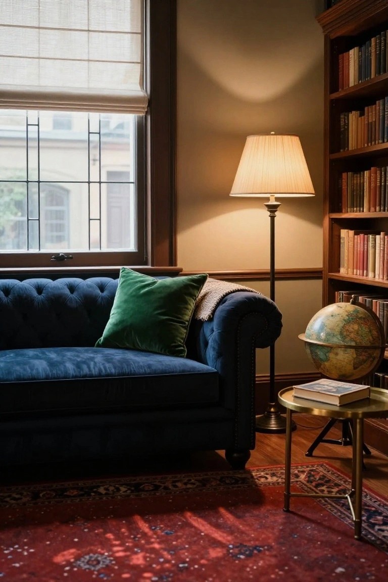 Navy blue velvet tufted sofa with green velvet pillow and throw in a wood-paneled library room featuring bookshelves, brass floor lamp, globe, and side table on red rug.