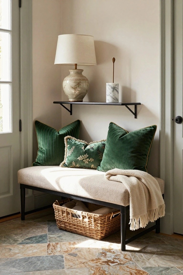 Beige upholstered bench in a room corner piled with green velvet pillows in varying patterns, cream throw blanket draped over, wicker basket with linens stored underneath, green-glazed vase lamp and white marble cylinder on black wall shelf beside a paneled door, light stone tile floor.