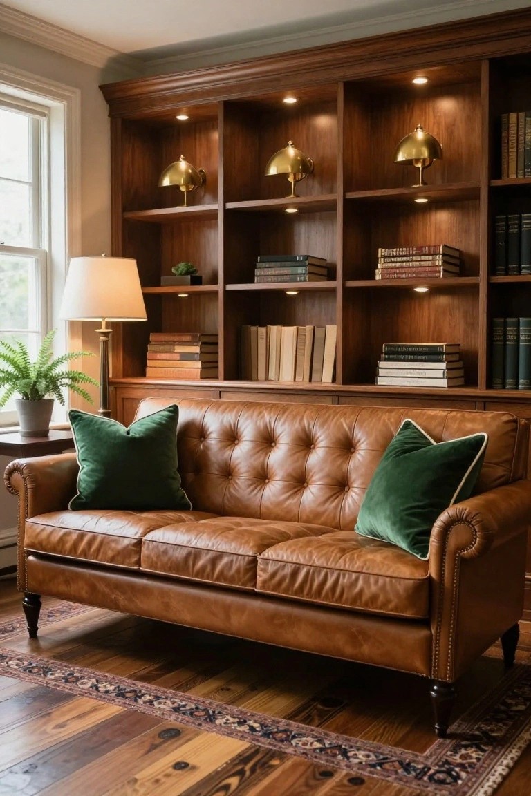 Brown leather tufted sofa with green velvet pillows in a wood-paneled library.