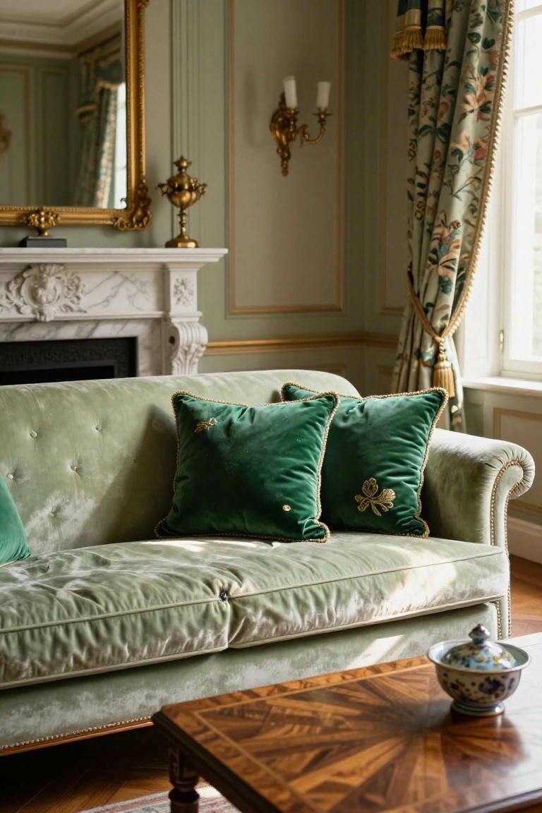 Green velvet sofa with matching green velvet pillows featuring gold embroidered shamrock designs, placed in a pale green paneled living room with marble fireplace, gilded mirror, and floral curtains.