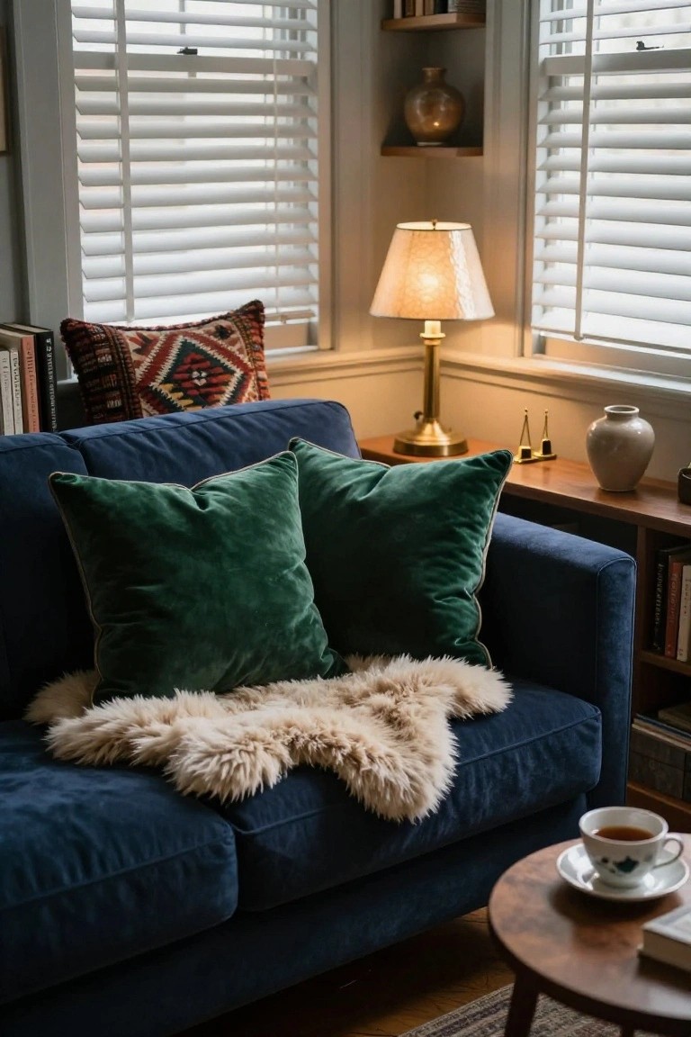 Navy blue velvet sofa with two green velvet pillows and a light-colored sheepskin throw draped over it, next to a wooden side table holding a teacup and saucer in a room with white blinds, bookshelves, and a brass lamp.