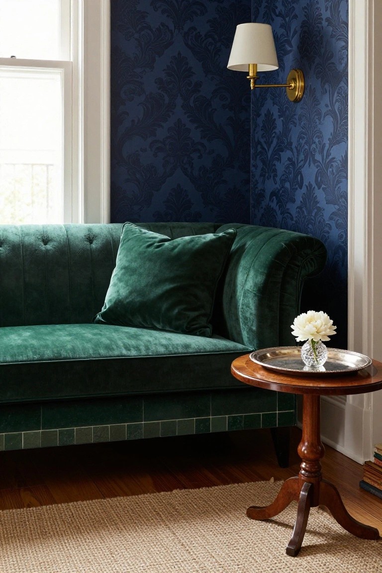 Green velvet tufted sofa with two large matching green velvet pillows, next to a round wooden side table holding a silver tray with a white peony in a glass vase, in a room with dark blue patterned wallpaper, brass wall lamp, and hardwood floor with jute rug.
