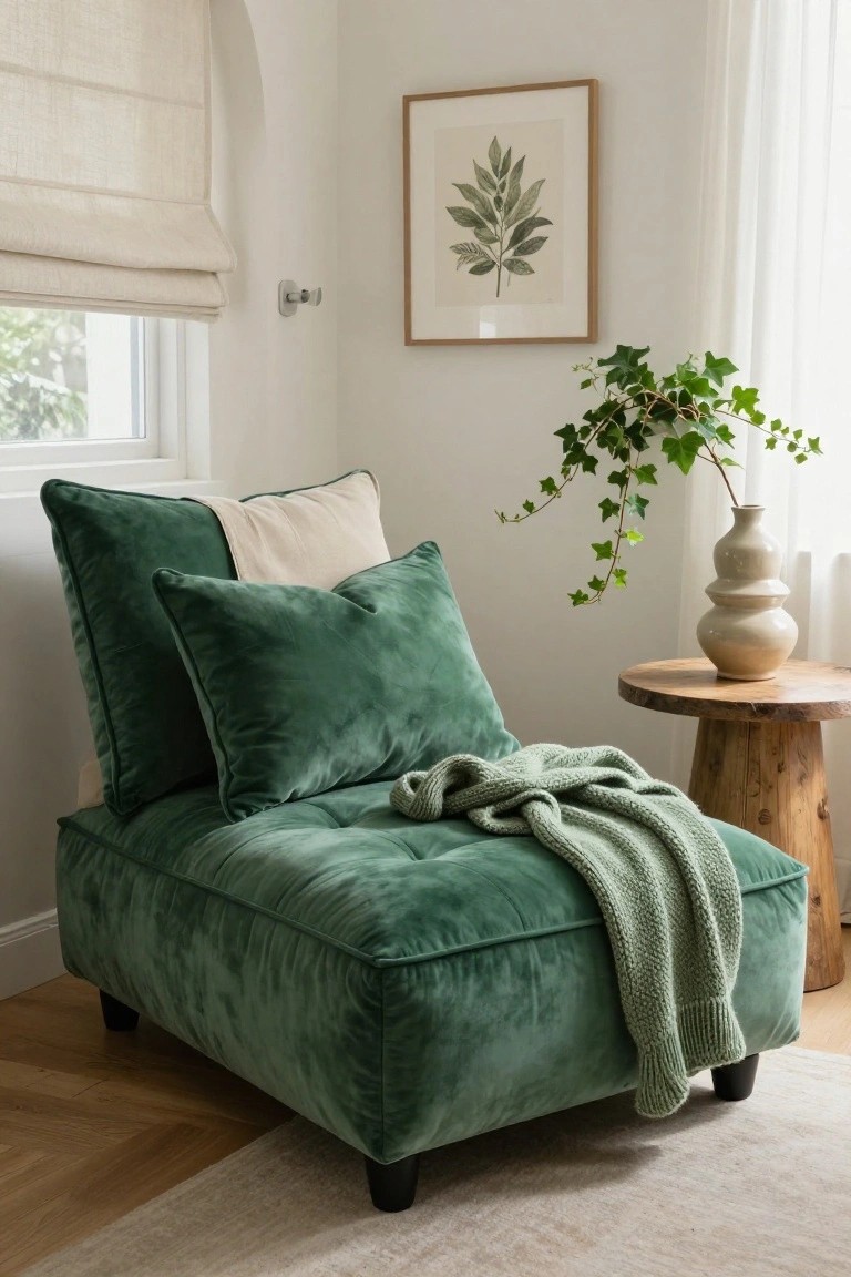 Green velvet chaise lounge with pillows and knit throw in cozy room.