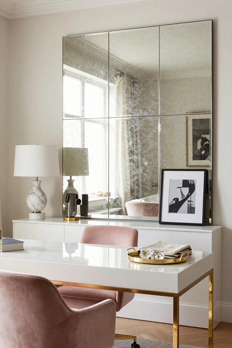 Home office with a tall eight-panel antiqued mirror wall reflecting a window, white desk, pink velvet chair, marble lamp, gold tray, and black-framed art on a white credenza.