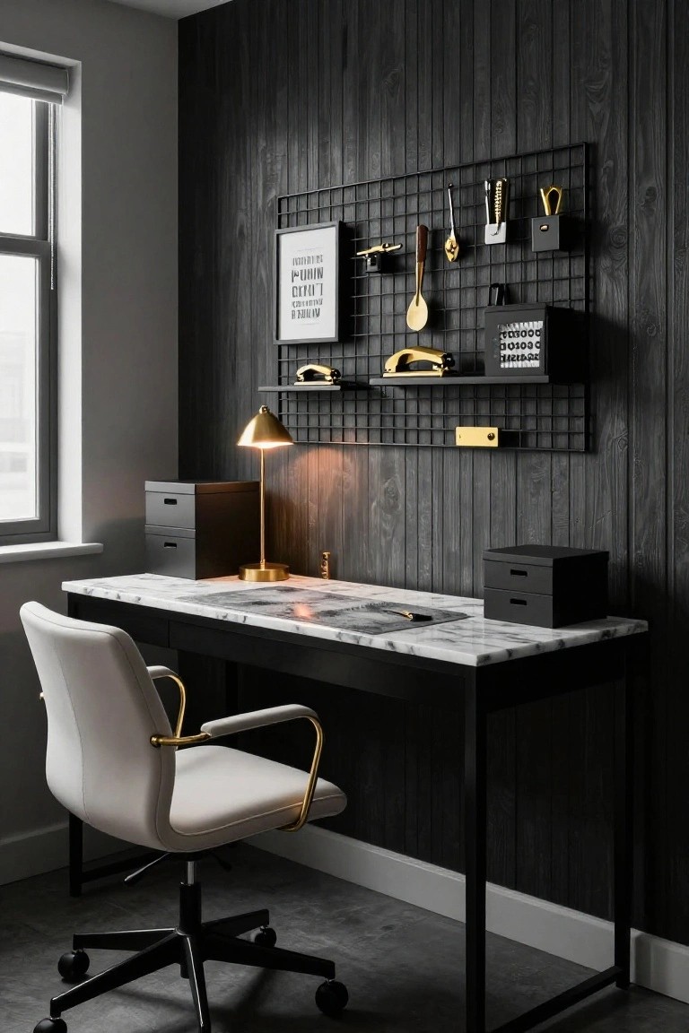 Modern home office with black vertical wood slat accent wall, black metal mesh shelving holding gold utensils and organizers, marble-top black desk, white leather chair with gold arms, and brass lamp.