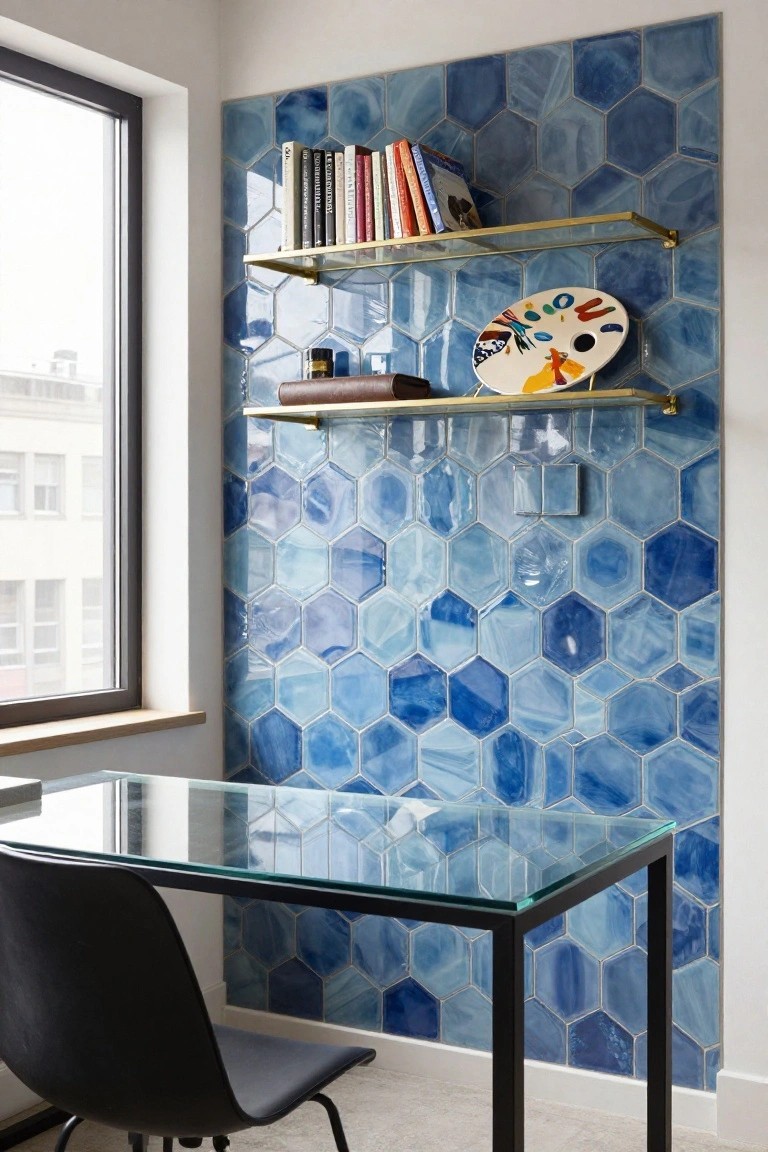 Home office featuring a wall covered in glossy blue hexagonal tiles, brass floating shelves with books and a colorful palette, a clear glass desk with black metal legs, and a black office chair near a large window.