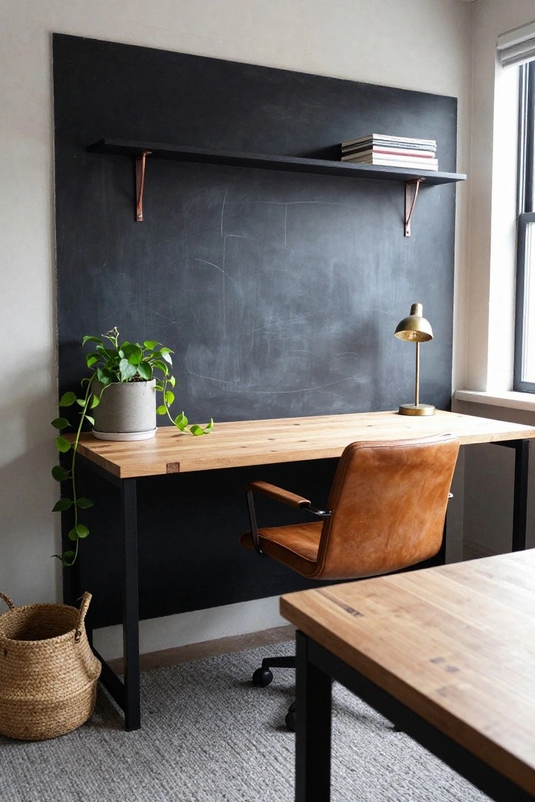Home office with tall black chalkboard accent wall and wooden shelf holding stacked books, light wood desk with tan leather chair, potted trailing plant, gold desk lamp, and seagrass basket on gray carpet.