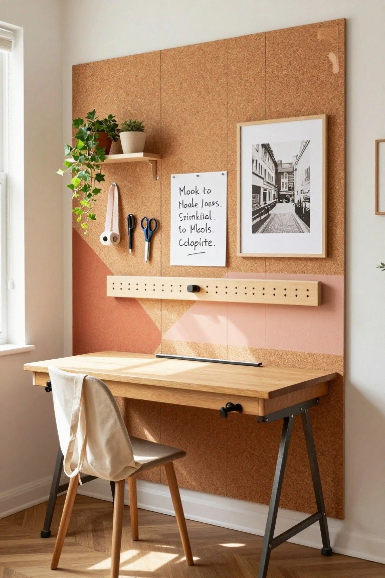 Home office featuring a tall corkboard accent wall with pinned notes, hanging tools, shelves holding plants, a wooden desk with chair, and pink wall panels beside it.