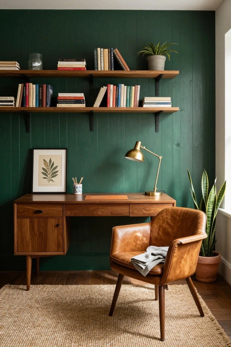 Home office with dark green vertical wood-paneled accent wall, wooden floating shelves holding books and plants, walnut desk with leather chair, brass lamp, and potted snake plant.