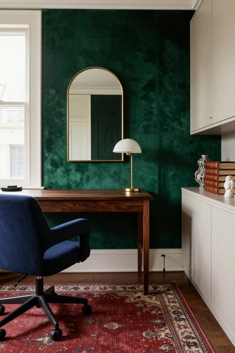 Home office with textured emerald green accent wall, gold arched mirror, walnut desk, navy blue chair, opal lamp, books, and red rug on wood floor.
