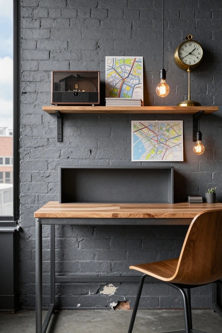 Home office with dark gray exposed brick wall, wooden desk and chair, floating oak shelf holding a record player and stacked maps, framed city map artwork, pendant lights, gold clock, and potted plant on desk.