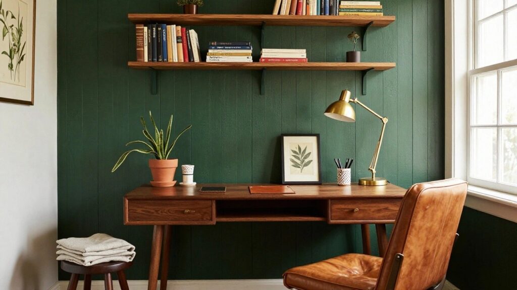 20 Home Office Accent Wall Ideas That Steal the Show Home office with dark green vertical wood-paneled accent wall, wooden floating shelves holding books and plants, walnut desk with leather chair, brass lamp, and potted snake plant.