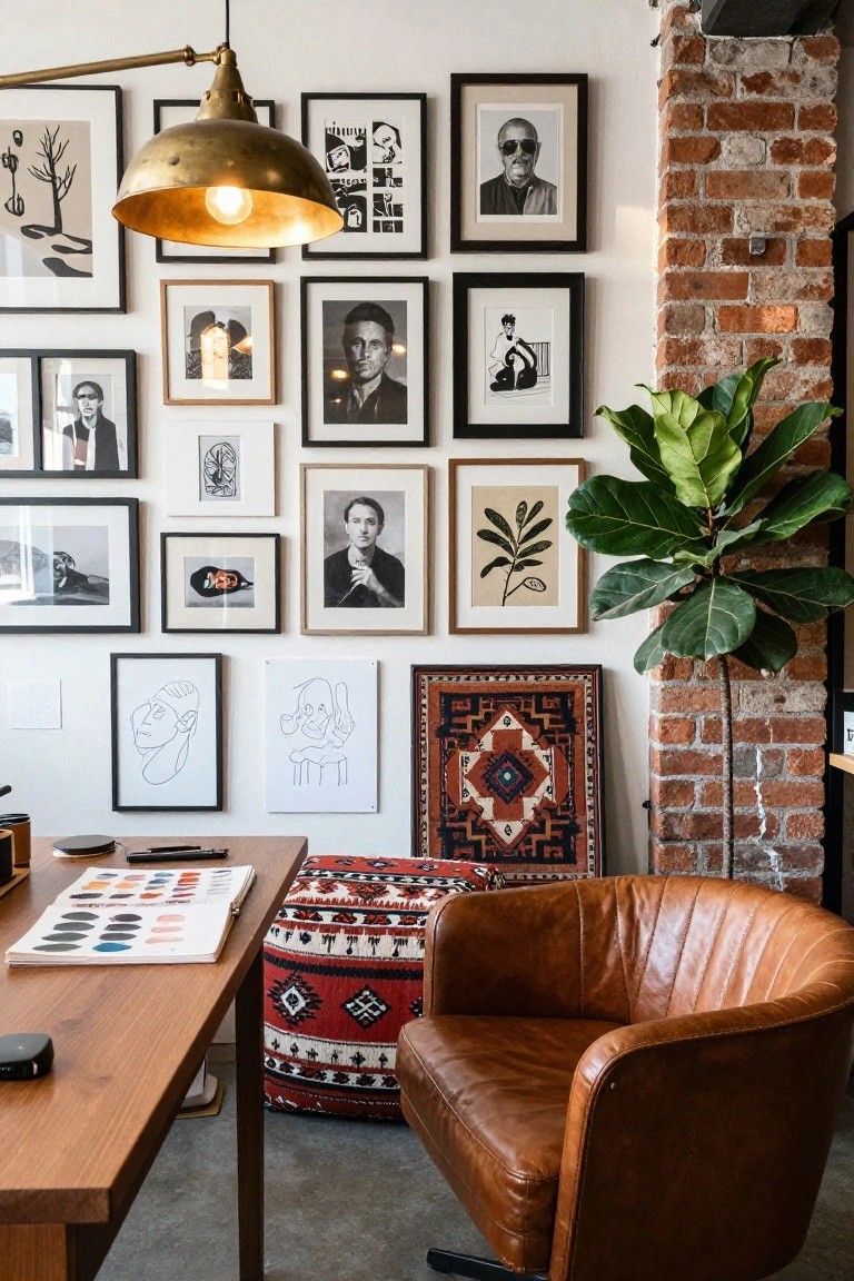 Home office with dense gallery wall of black-and-white framed portraits, drawings, and artworks on white wall adjacent to exposed brick, wooden desk with paint swatches, leather armchair, ottoman, and large potted plant.