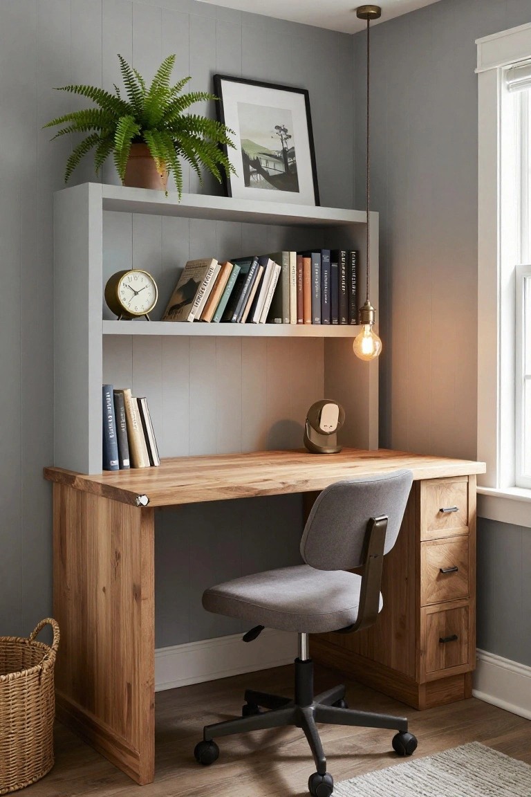 Home office corner with light gray vertical shiplap wall, open white shelves holding books clock and plant above a wooden desk with drawers, gray swivel chair, pendant light, and basket on wood floor.