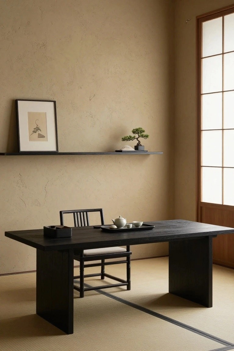 Minimalist indoor room with beige textured plaster walls, wooden shelves holding a bonsai and frame, black rectangular table with teapot and cups, wooden chair, shoji window, and tatami floor.