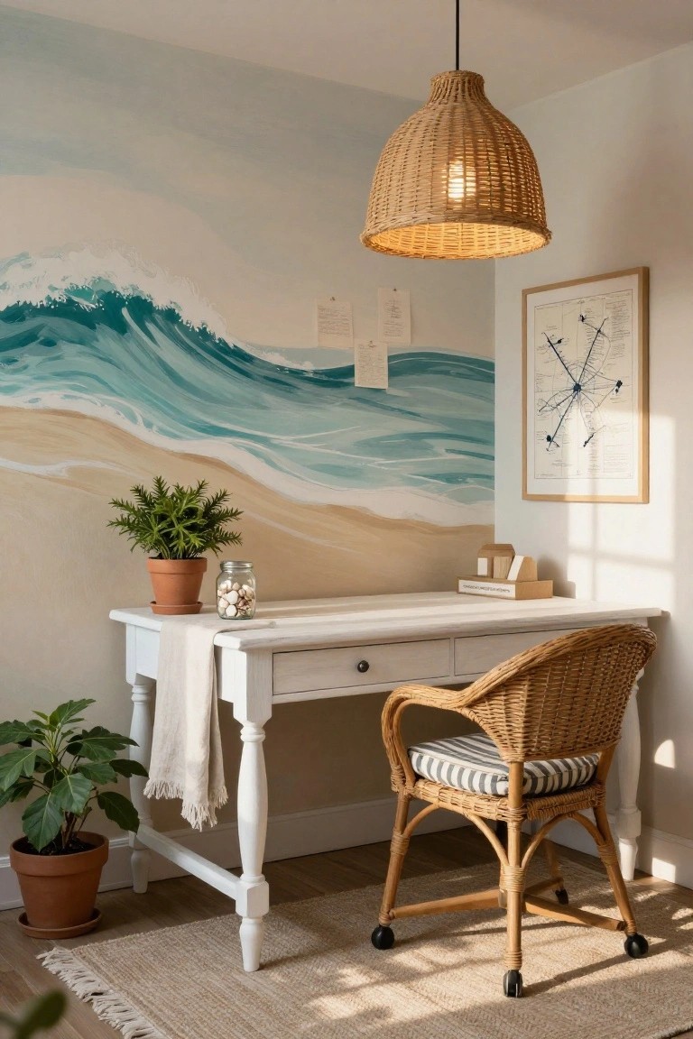 Home office with teal and beige ocean wave mural on accent wall, white desk, rattan chair with striped cushion, potted plants, shell-filled jar, wooden boxes, and hanging wicker lamp.