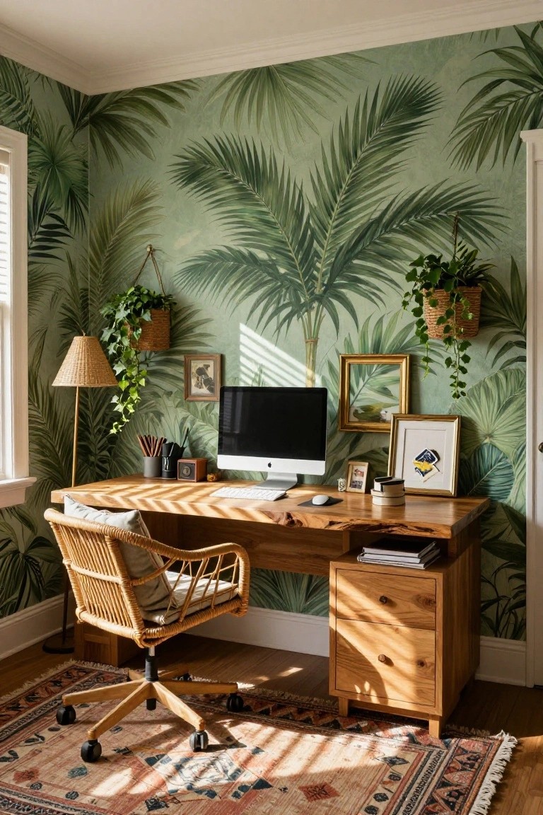 Home office with green palm leaf wallpaper on walls, wooden desk holding iMac and accessories, rattan desk chair, hanging plants, framed artwork, table lamp, and patterned rug on wood floor.