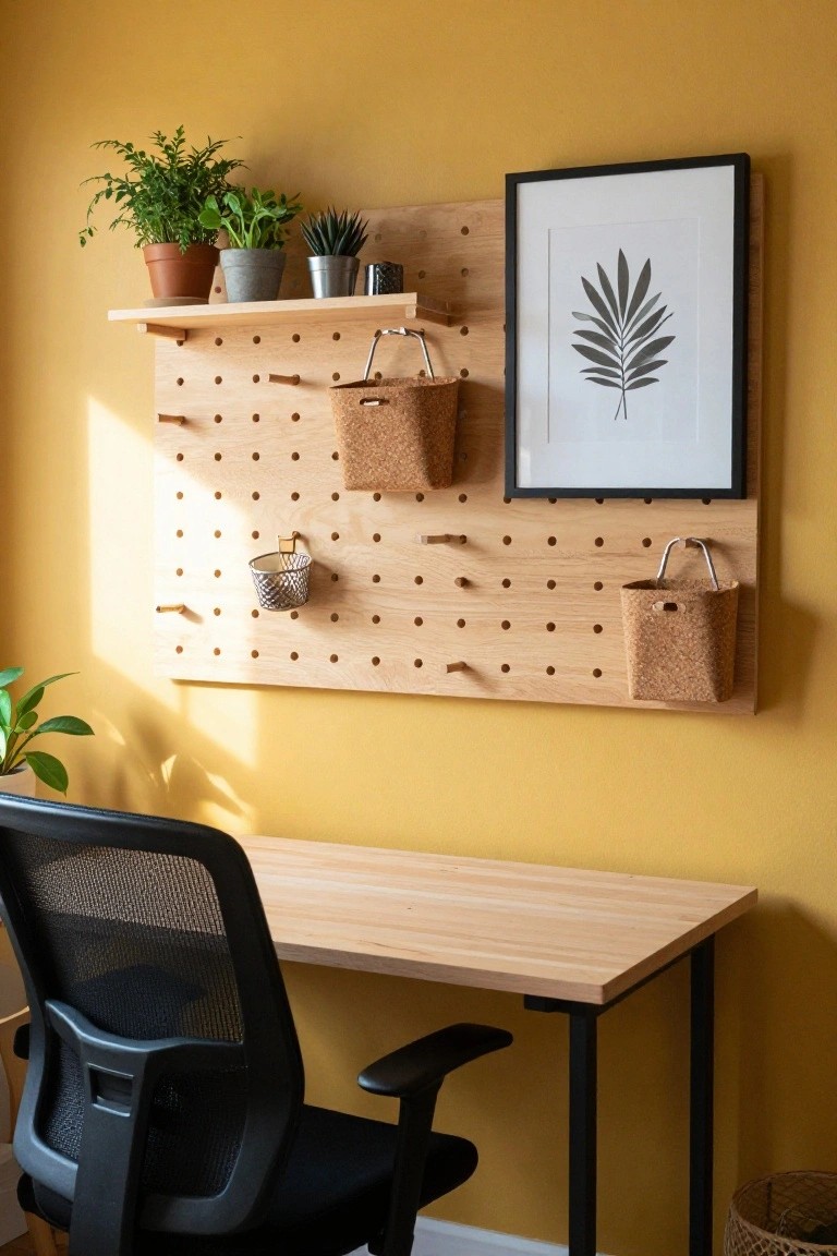 Yellow home office wall with oak pegboard holding potted plants in terracotta and metal pots, cork baskets, metal bin, hooks, and black-framed leaf print, next to light wood desk and black mesh chair.