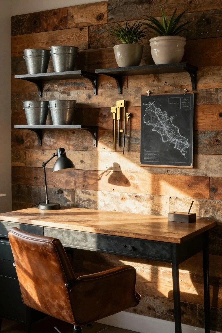 Home office with wooden plank accent wall, black metal shelves holding galvanized buckets and potted plants, wooden desk with black metal frame and brown leather chair, and adjustable black desk lamp.