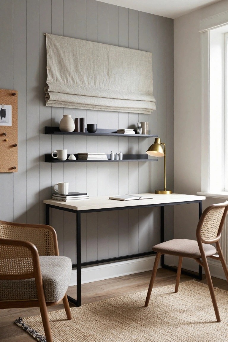 Home office featuring a gray vertical plank accent wall behind a white-topped black metal desk flanked by rattan chairs, with floating black shelves displaying ceramics and a gold desk lamp, seagrass rug on wood floor.