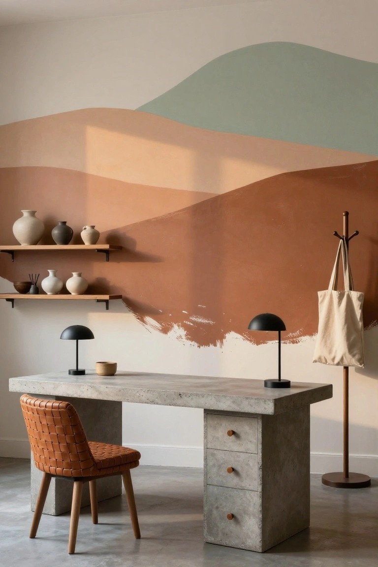 Modern home office with gray concrete desk, orange woven leather chair, black dome lamps on desk and floor, wooden shelves holding beige pottery, canvas tote on wooden coat rack, against wall painted with abstract wavy beige, terracotta, green, and white landscape shapes.