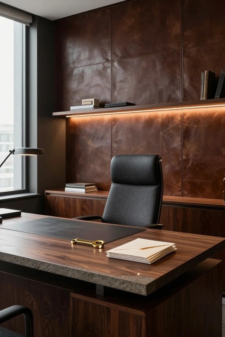 Home office featuring dark brown leather-textured accent wall with LED shelf lighting, wooden desk with leather top, black leather chair, and large window.