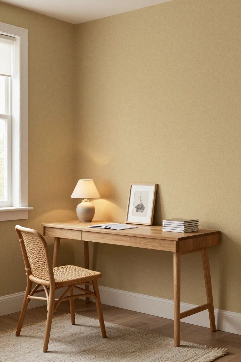 Home office corner featuring a light oak desk with open notebook and lamp, rattan chair, stacked notebooks, and framed artwork against textured pale yellow-beige walls, with a window and wooden floor.