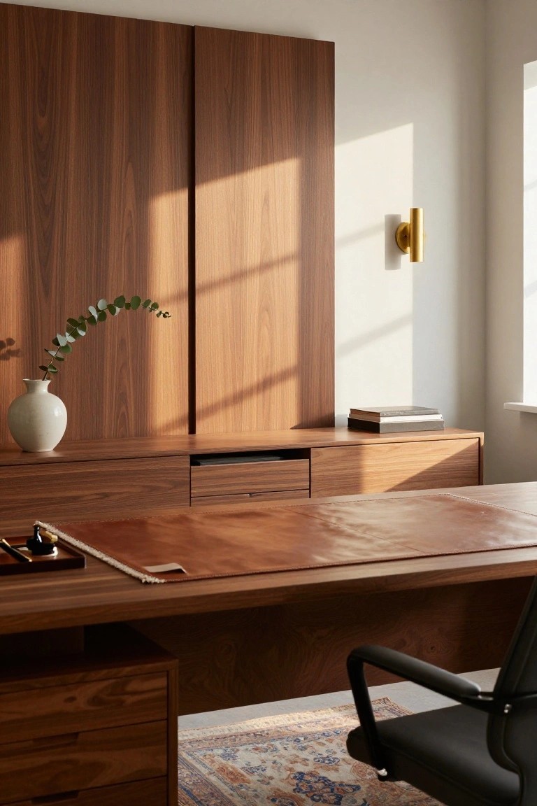 Home office with floor-to-ceiling wooden panel walls behind a wooden desk topped with leather blotter, black office chair on patterned rug, white vase of eucalyptus, and stacked books on credenza.