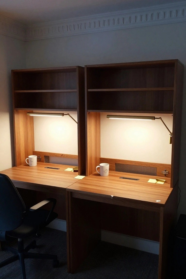 Two wooden built-in desks positioned back-to-back under overhead shelving units with adjustable LED task lights, white mugs, sticky notes, and black office chairs in a home office room.