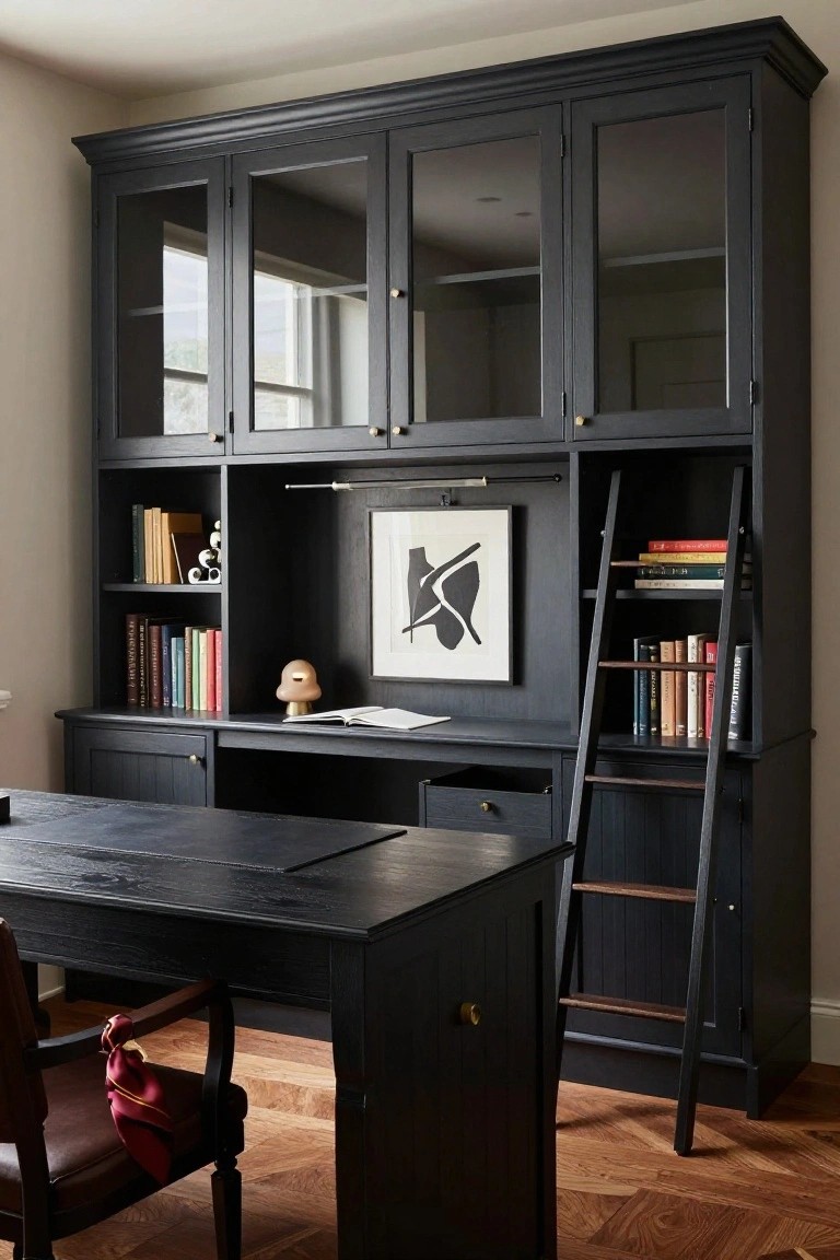 Black built-in office with desk, chair, ladder, and bookshelves.