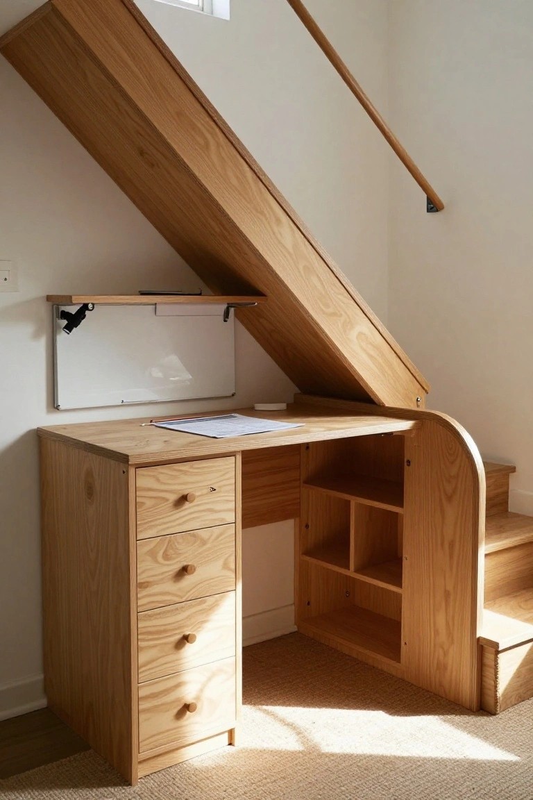 Wooden built-in desk with three drawers and open shelves integrated under angled oak stairs, with a hinged white whiteboard shelf mounted nearby in a bright white room.