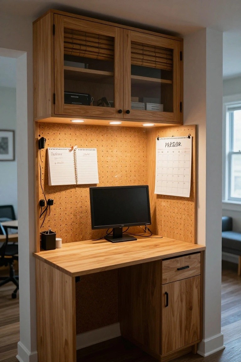 Light oak built-in home office with upper cabinets featuring bamboo shutters, cork pegboard wall holding notebooks and calendar, wooden desk with monitor and drawer, and under-cabinet lighting.