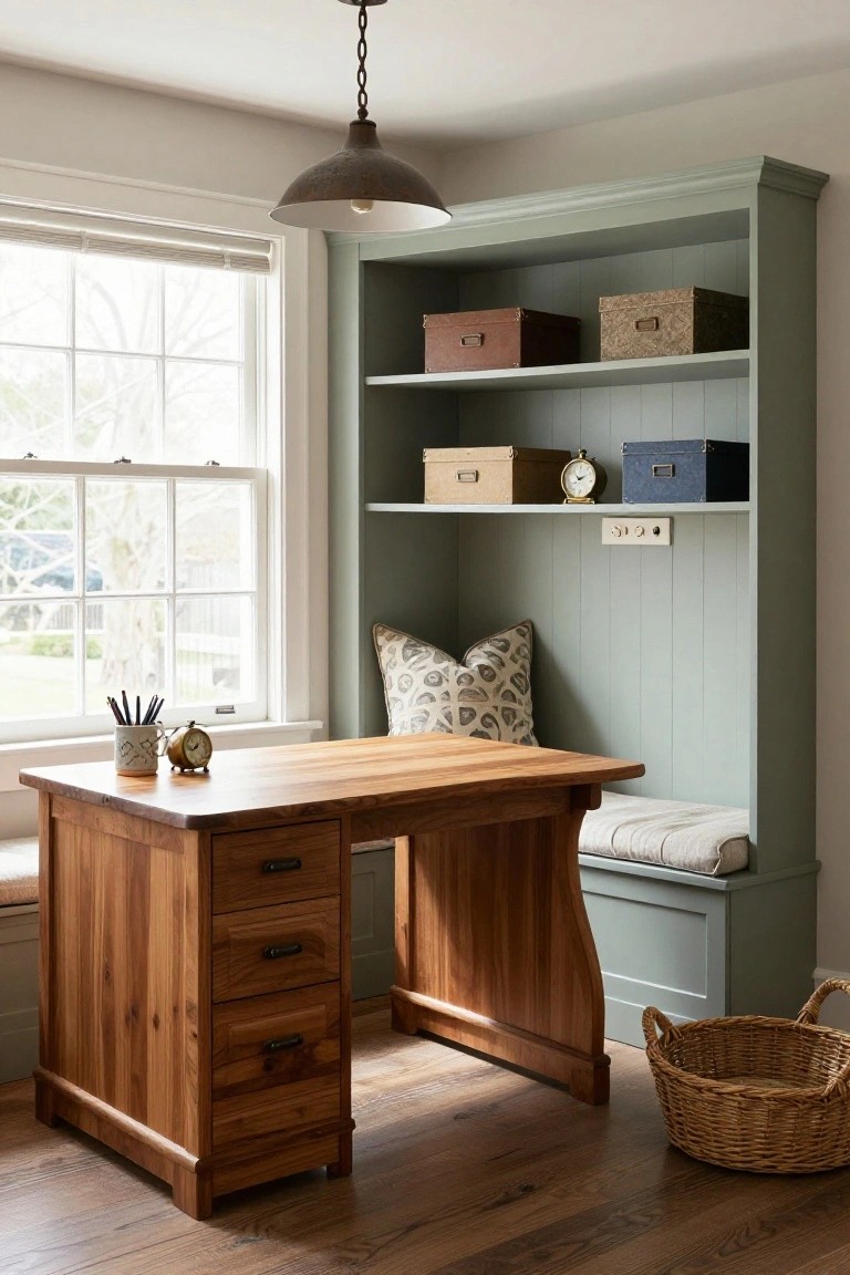 Home office with wooden desk integrated into sage green built-in shelving unit featuring open shelves, storage boxes, a cushioned bench seat, and a window with blinds.