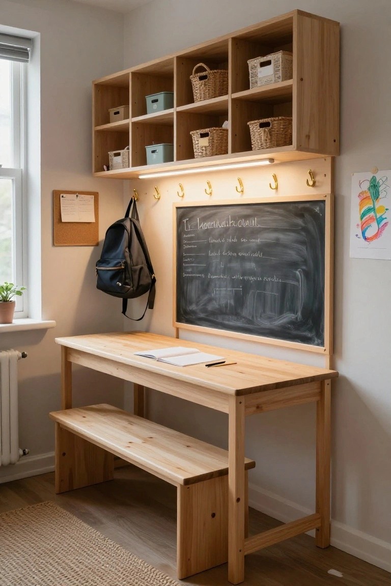 Wooden built-in desk with bench, chalkboard panel, overhead shelves stocked with baskets, hooks with a backpack, and a potted plant near a window in a light room.