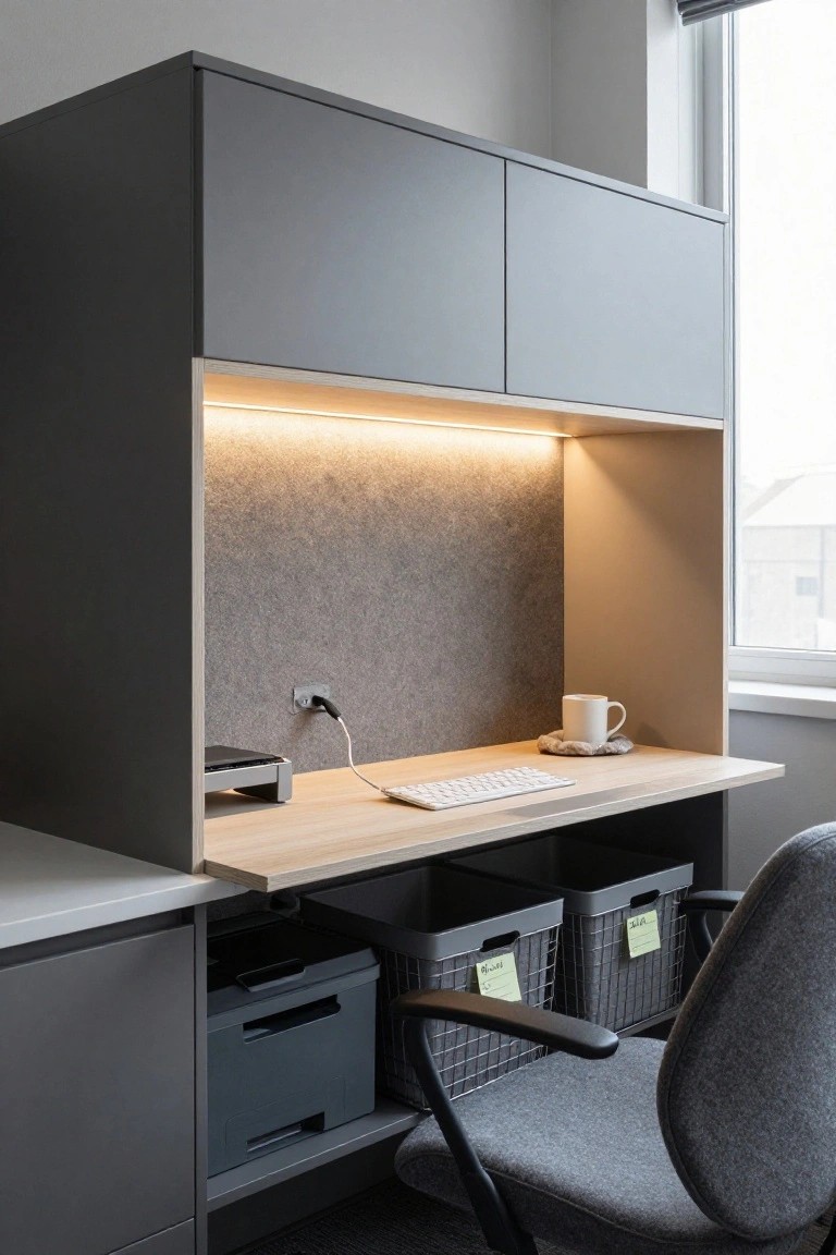 Built-in gray cabinetry forming an office nook with wooden desk surface, white keyboard, printer stand, power outlet on felt-backed wall, LED lighting above, storage bins below, and gray office chair.