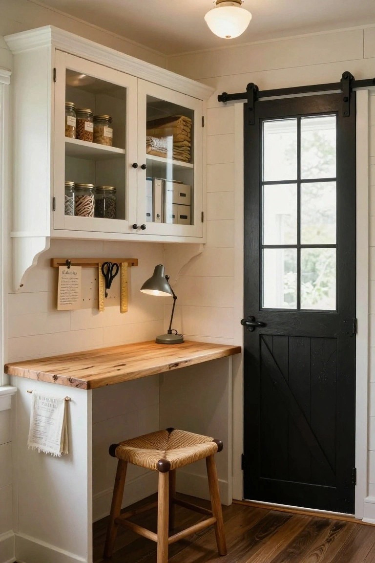 Corner built-in white cabinets with glass doors over a wooden desk top, wood stool, task lamp on peg rail, and black sliding barn door with window in white shiplap-walled room.